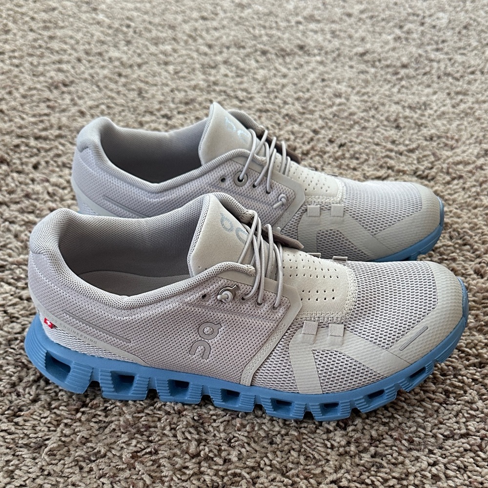 Women’s On Running Cream and Blue Athletic Shoes
